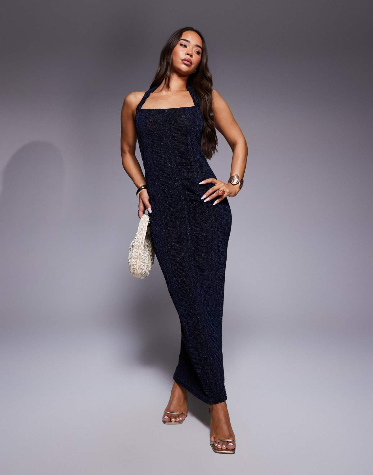 ASOS DESIGN gauged strap detail square neck maxi dress in metallic navy
