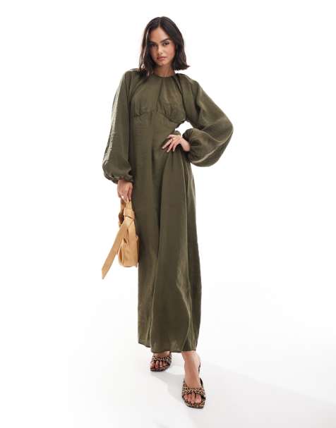 ASOS DESIGN gauged under bust detail maxi dress in khaki - view 1