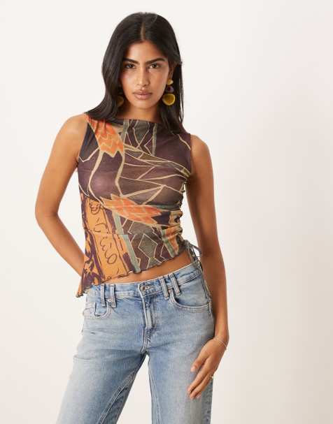 ASOS DESIGN gauzy mesh drawstring festival top with batik print in brown - view 1