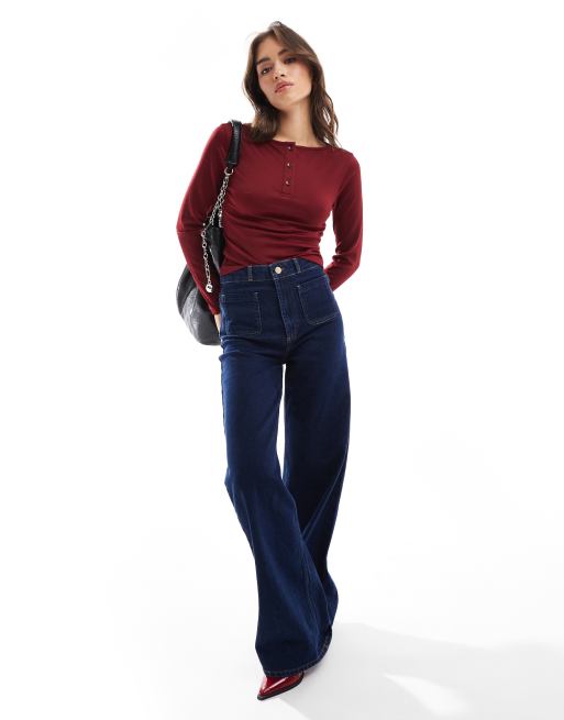 ASOS DESIGN gauzy mesh henley long sleeve top in burgundy