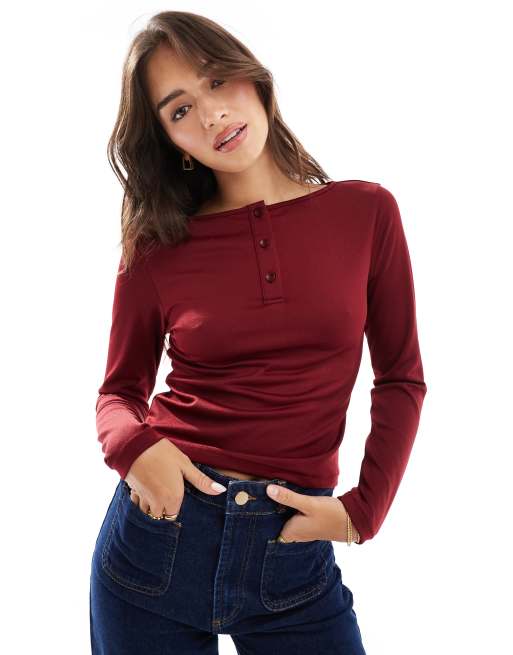 ASOS DESIGN gauzy mesh henley long sleeve top in burgundy