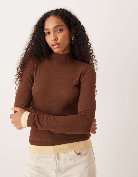 ASOS DESIGN gauzy mesh rib double layer high neck top in brown - view 1