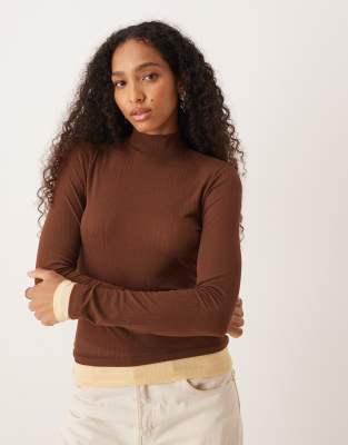 Asos Design Gauzy Mesh Ribbed Double Layer High Neck Top In Brown