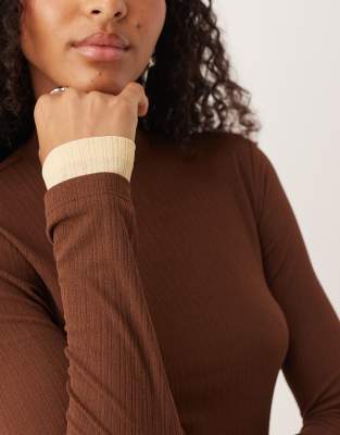 Asos Design Gauzy Mesh Ribbed Double Layer High Neck Top In Brown
