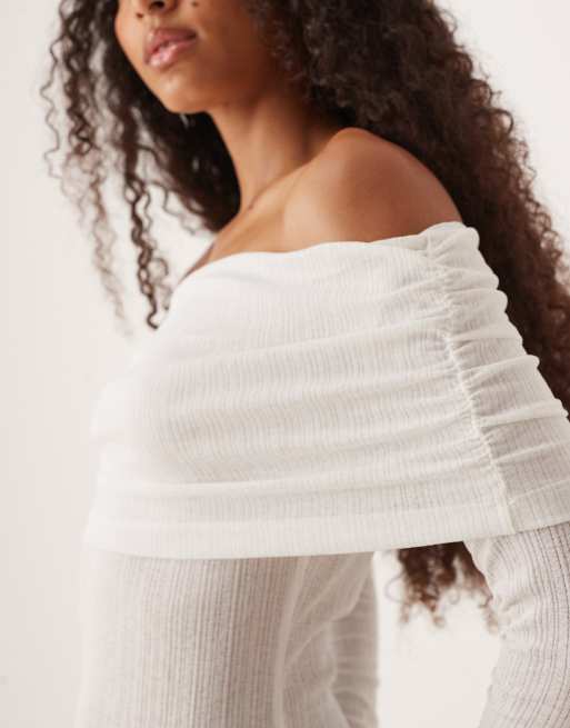ASOS DESIGN gauzy rib foldover bardot long line top in ivory, 2 of 4