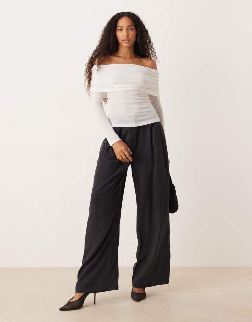 ASOS DESIGN gauzy rib foldover bardot long line top in ivory, 3 of 4