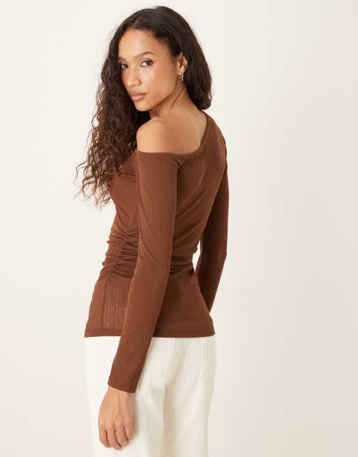 ASOS DESIGN gauzy rib knit longline aysmmetric top in brown