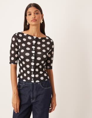 Asos Design Gauzy Ribbed Polka Dot Half Sleeve Button Up Top In Black