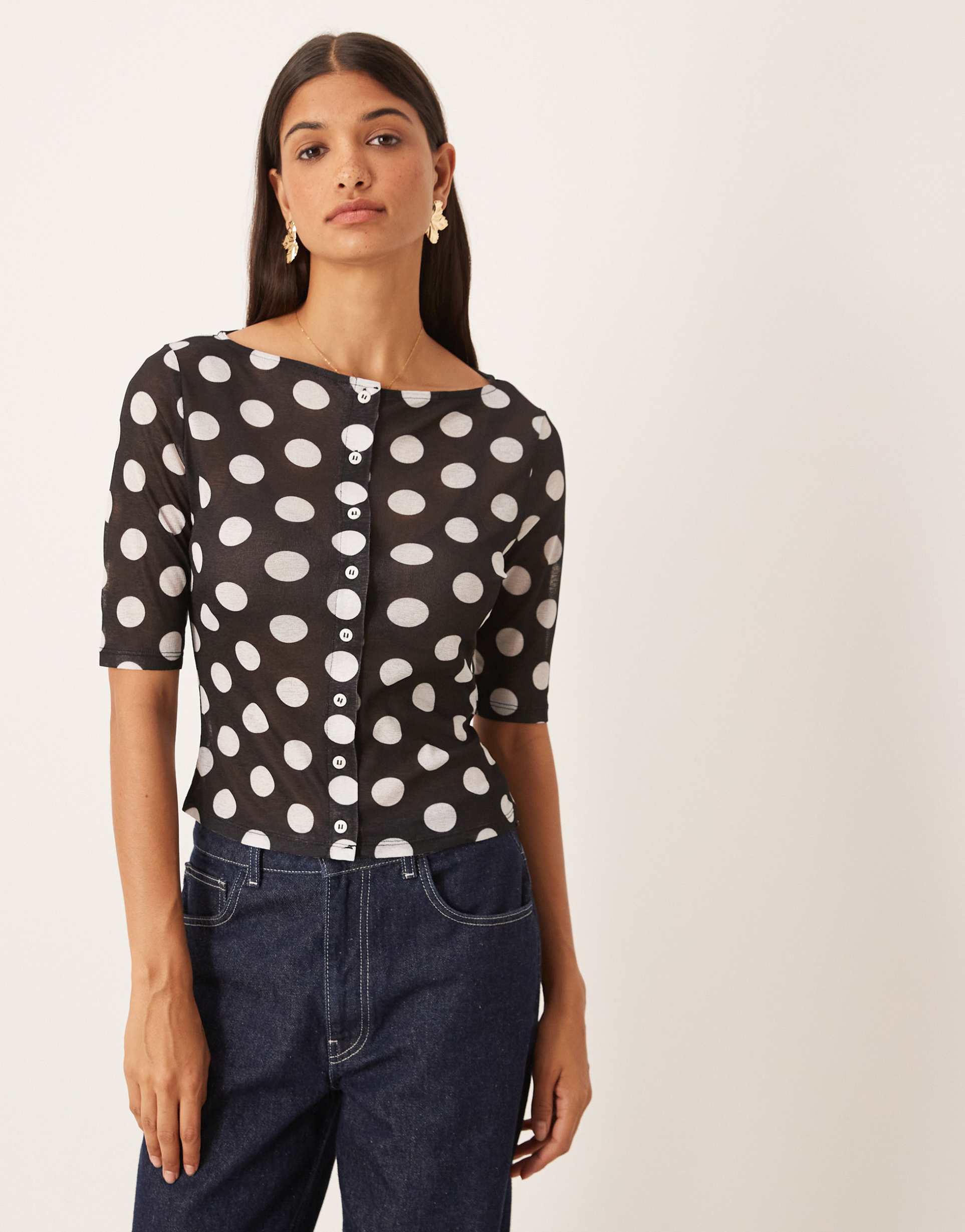 asos design gauzy ribbed polka dot half sleeve button up top in black