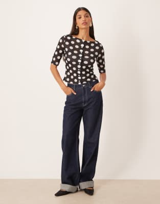 Asos Design Gauzy Ribbed Polka Dot Half Sleeve Button Up Top In Black