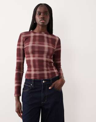 Asos Design Gauzy Sheer Check Printed Long Sleeve Top In Brown