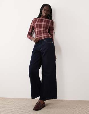 Asos Design Gauzy Sheer Check Printed Long Sleeve Top In Brown