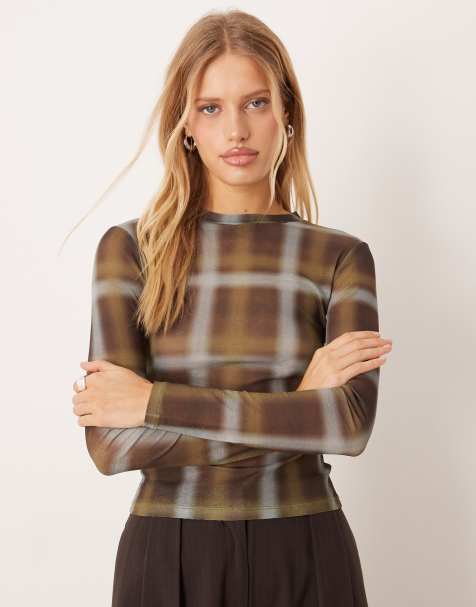ASOS DESIGN gauzy sheer check printed  long sleeve top in olive