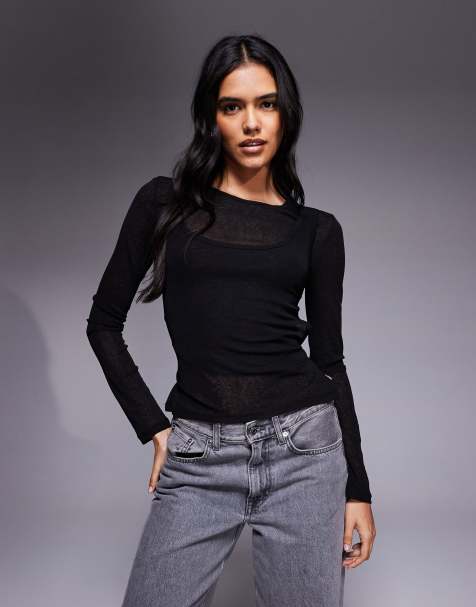 ASOS DESIGN gauzy sheer double layer top in black - view 1