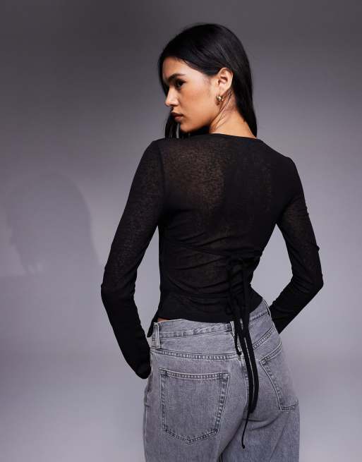 ASOS DESIGN gauzy sheer double layer top in black, 3 of 4