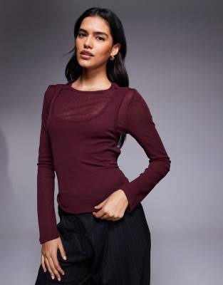 Asos Design Gauzy Sheer Double Layer Top In Burgundy