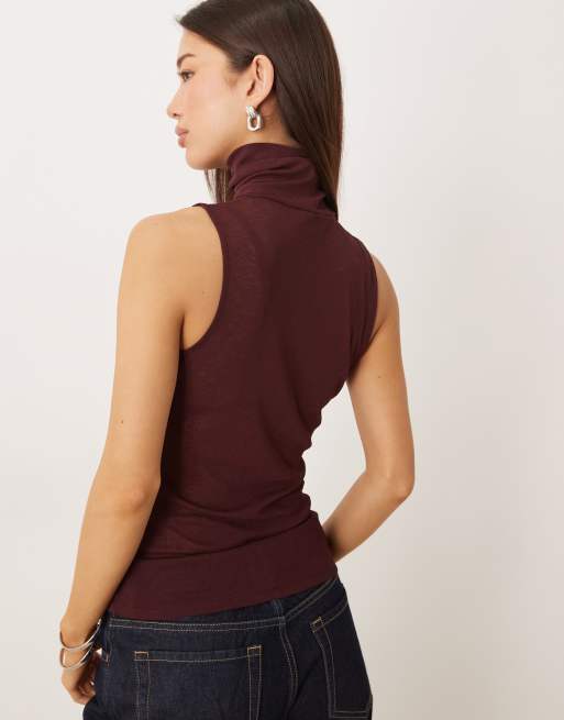 ASOS DESIGN gauzy sheer mesh roll neck sleeveless top in burgundy, 4 of 4