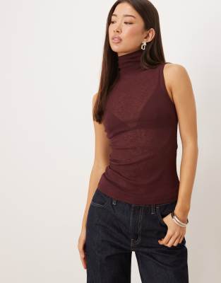 Asos Design Gauzy Sheer Mesh Turtle Neck Sleeveless Top In Burgundy