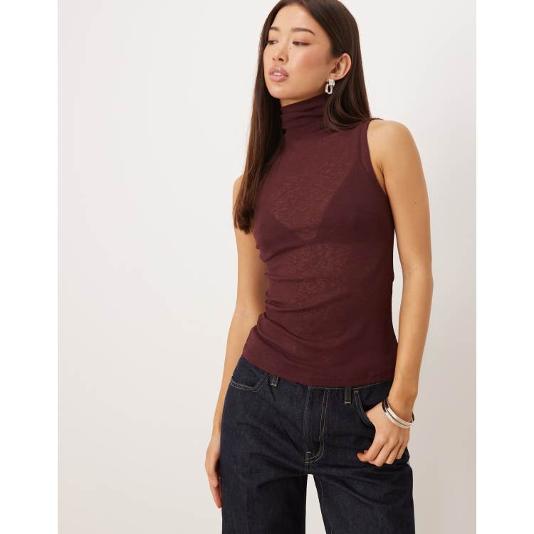 Women's Sleeveless Mock Turtleneck Bodysuit - Slim Fit Stretchy Layer Top In Burgundy