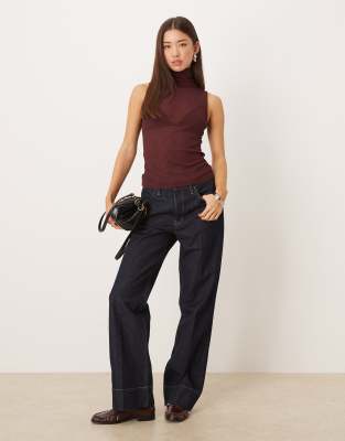 Asos Design Gauzy Sheer Mesh Turtle Neck Sleeveless Top In Burgundy