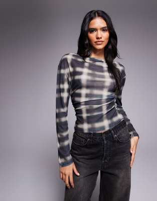 ASOS DESIGN gauzy sheer plaid long sleeve top in multi-Brown