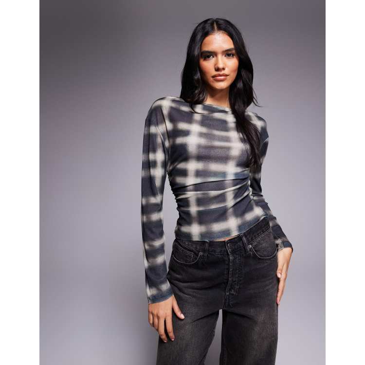 ASOS DESIGN gauzy sheer plaid long sleeve top in multi | ASOS