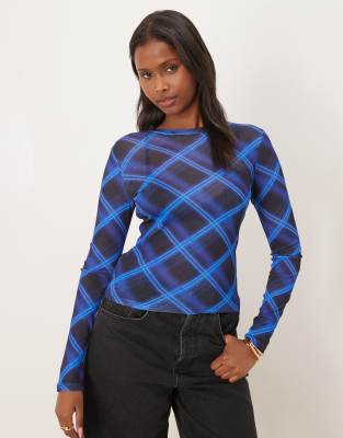 Asos Design Gauzy Sheer Plaid Printed Long Sleeve Top In Blue