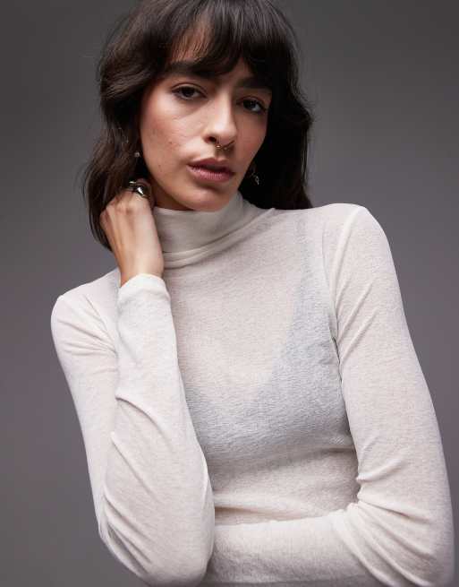 ASOS DESIGN gauzy sheer roll neck top in ivory, 2 of 4