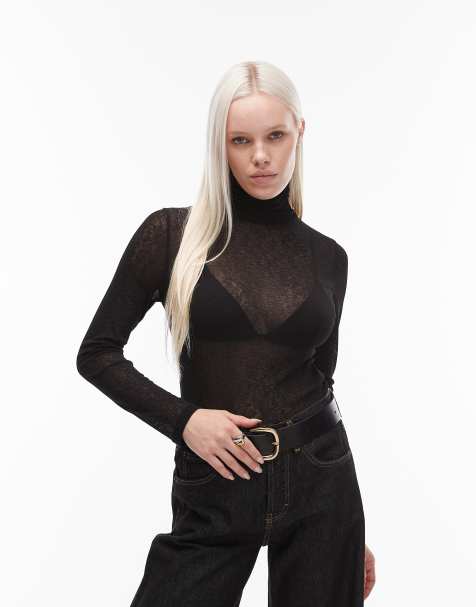 ASOS DESIGN gauzy sheer turtle neck top in black - view 1