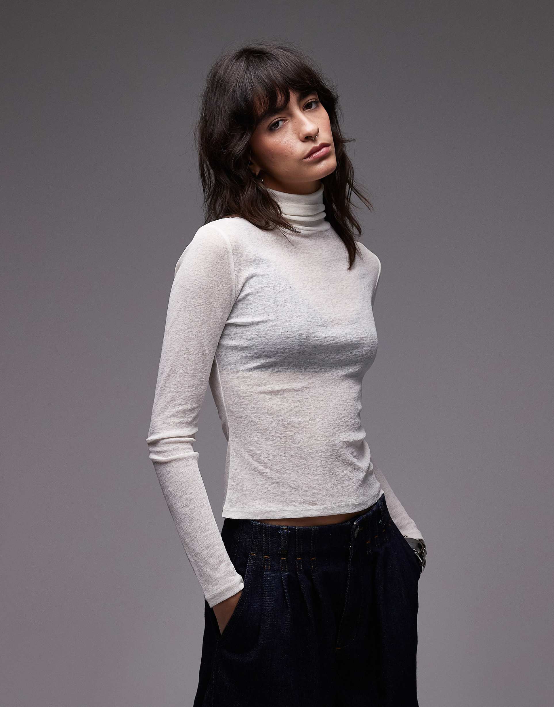 asos design gauzy sheer turtle neck top in ivory