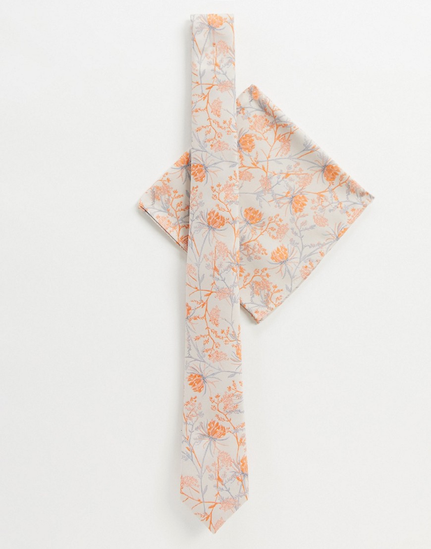 ASOS DESIGN - Gebloemde jacquard stropdas en pochet in oranje