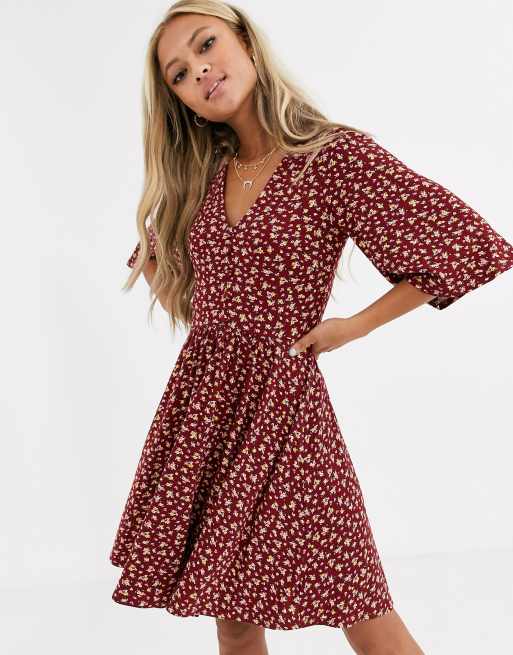 Asos Design Geblumtes Kleid Mit Schwingendem Rock Und Knopfen Vorn Asos