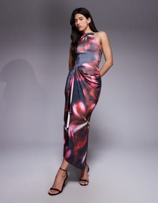 ASOS DESIGN - Geblümtes Maxikleid mit drapiertem Design-Bunt