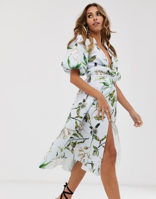 ASOS DESIGN – Geblümtes Midi-Ballkleid mit Ballonärmeln und verdrehtem Design, 4 von 4