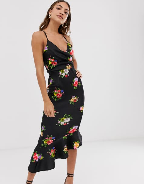 ASOS DESIGN – Geblümtes Midi-Trägerkleid aus Neopren mit Schößchen