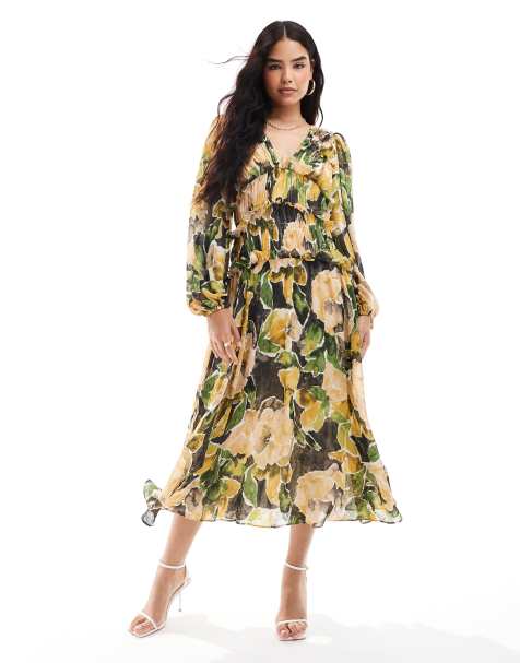 ASOS DESIGN – Geblümtes Midikleid in Grün mit Struktur, tiefem Ausschnitt und Rüschen - view 1
