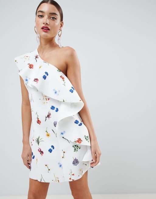 ASOS DESIGN – Geblümtes Minikleid in A-Linie mit One-Shoulder-Träger und Rüschen