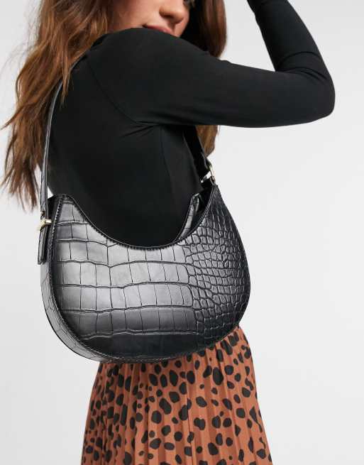 ASOS DESIGN - Gebogen schoudertas met lang hengsel in zwart met krokodillenmotief