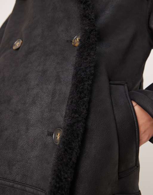 ASOS DESIGN - Gebonden trenchcoat met borg en lange pasvorm in zwart, 2 van 4