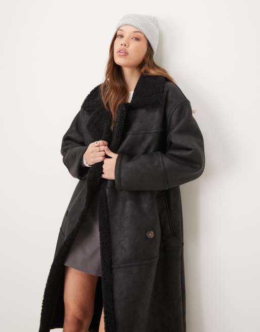 ASOS DESIGN - Gebonden trenchcoat met borg en lange pasvorm in zwart, 3 van 4