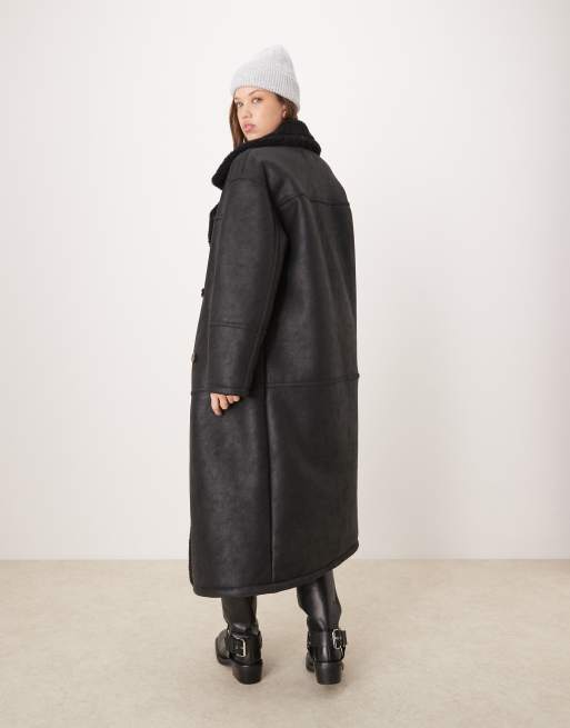 ASOS DESIGN - Gebonden trenchcoat met borg en lange pasvorm in zwart, 4 van 4