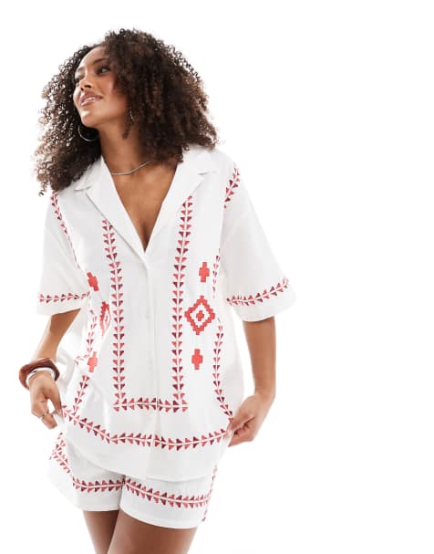 ASOS DESIGN - Geborduurd overhemd in rood en wit, deel van co-ord set - view 1