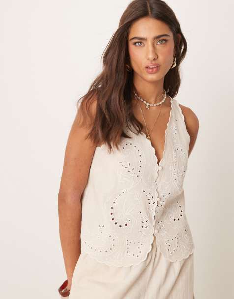 ASOS DESIGN - Geborduurde gilet van linnenmix en geschulpte rand in stone, deel van co-ord set - view 1