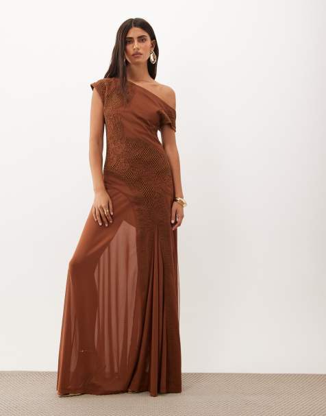 ASOS DESIGN geborduurde mesh maxi-jurk met blote schouders en transparante godetdetails in bruin - view 1