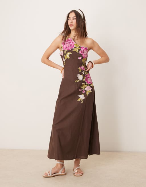 ASOS DESIGN - Geborduurde midaxi jurk met linnenlook en blote schouder in bruin, 3 van 4
