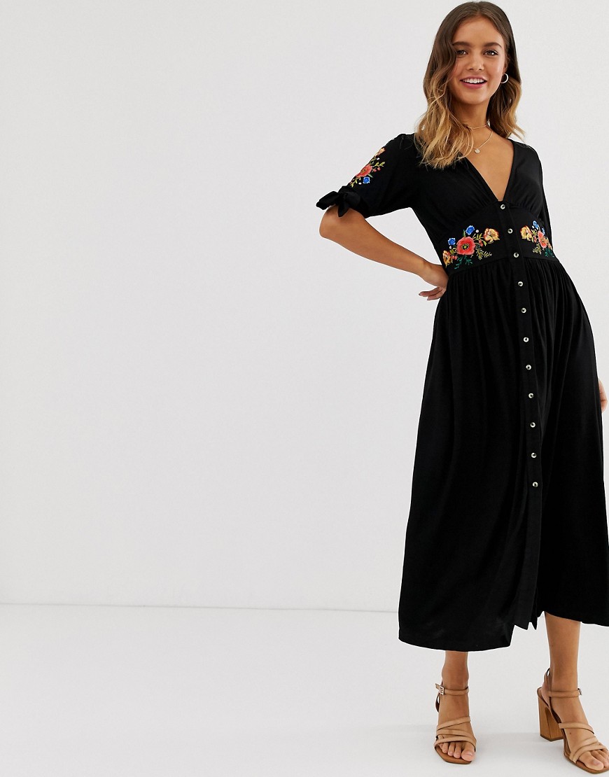 ASOS DESIGN - Geborduurde midi-jurk met knopen-Zwart