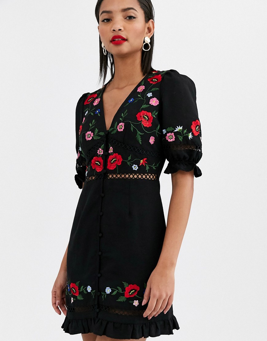 ASOS DESIGN - Geborduurde mini-jurk met knoopsluiting-Zwart
