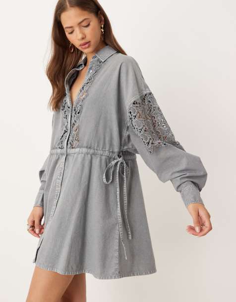 ASOS DESIGN - Geborduurde mini overhemdjurk in blauw met wassing - view 1
