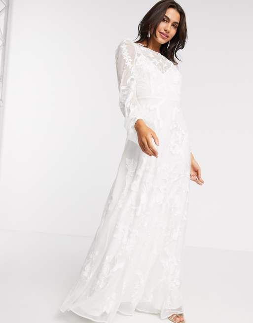 ASOS DESIGN - Geborduurde trouwjurk met blousonmouwen in wit, 2 van 4