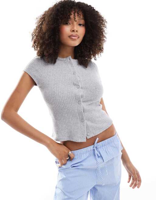 ASOS DESIGN - Geborsteld geribbeld vest met korte mouwen in gemêleerd grijs